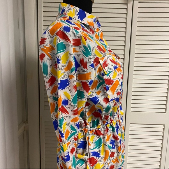 Vintage Katie Lewis Multi Color Collared Button-Up Dress With Pockets Size 16 - Picture 4 of 7